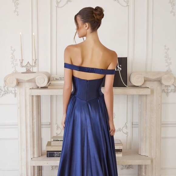 New LT Blue Off The Shoulder A-Line Bridesmaid Dress w/ Basque Waistline CD T821 - Picture 5 of 10